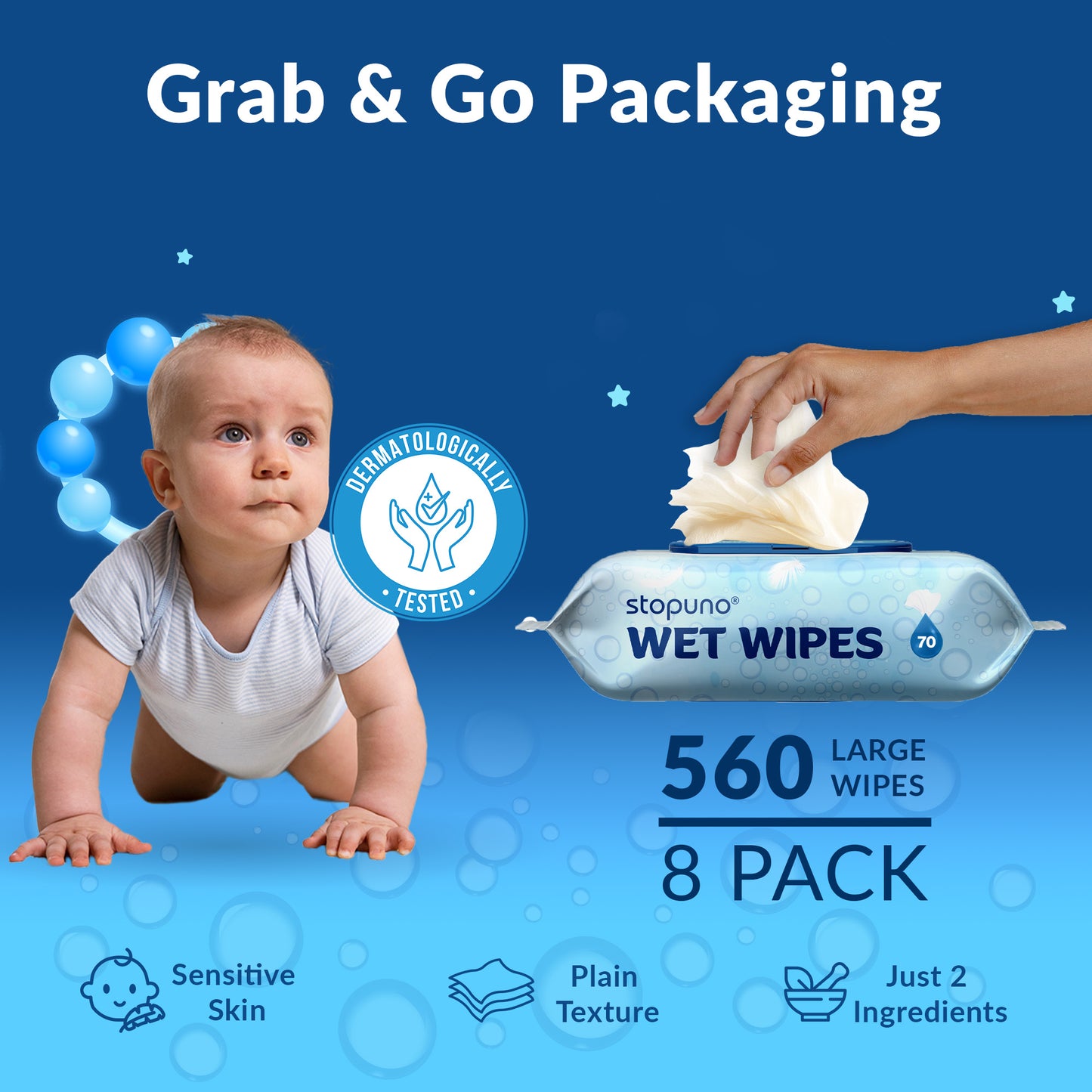 Stopuno Large Wet Wipes 8-Pack (560 Total Wipes)